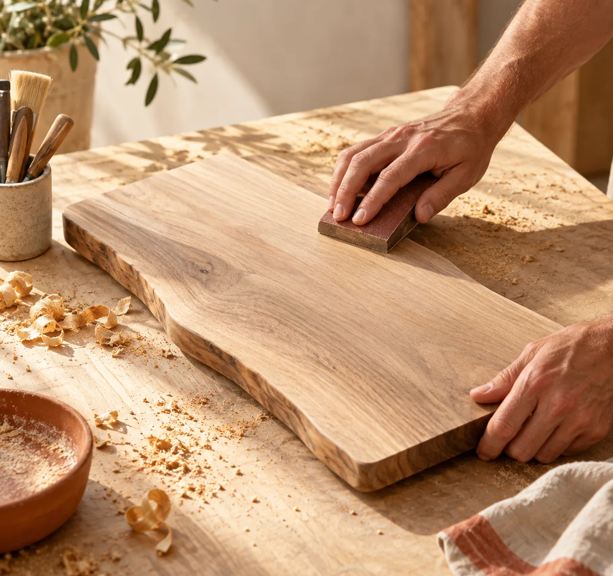 A maker finishing a custom wooden sign in a sunlit workshop