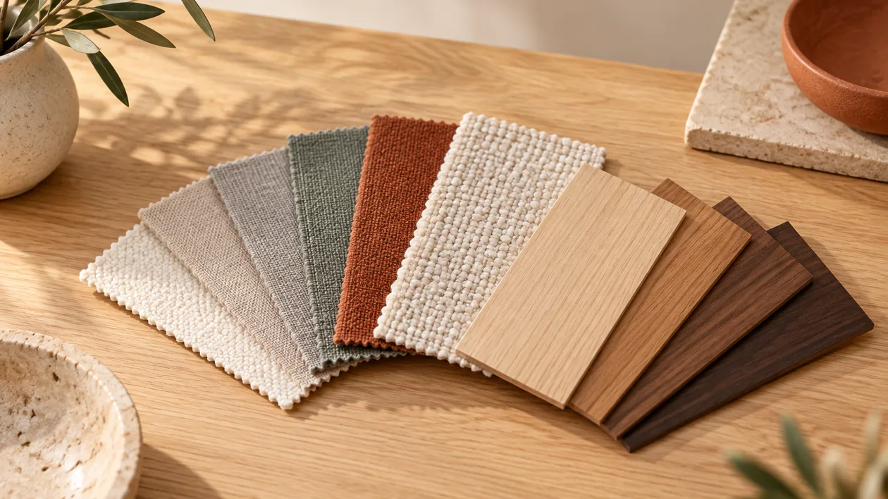 Fabric and wood finish samples on a table