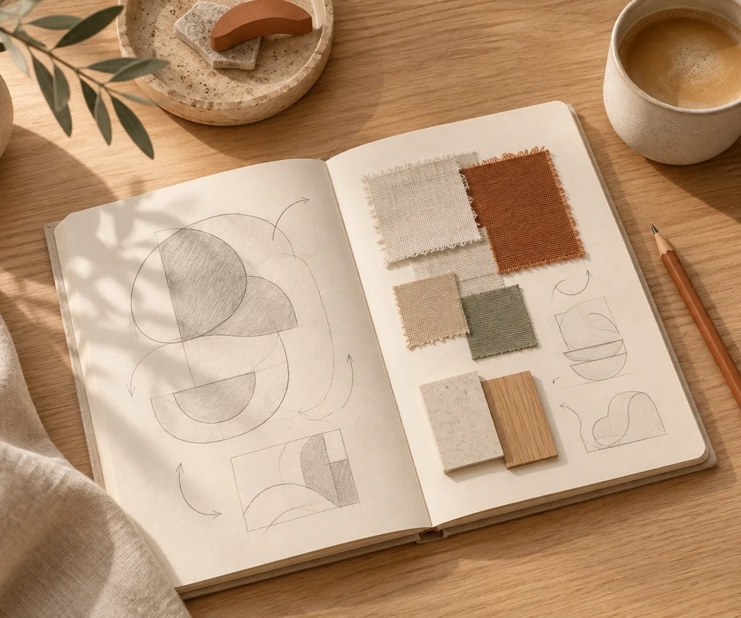 A sketchbook with product option flows next to fabric swatches