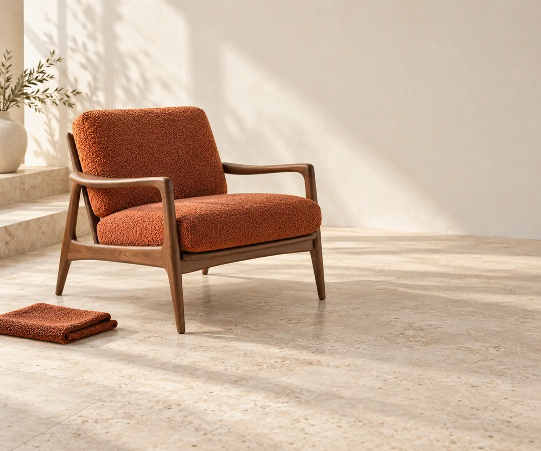 Lounge chair with a walnut frame and terracotta cushions, front view