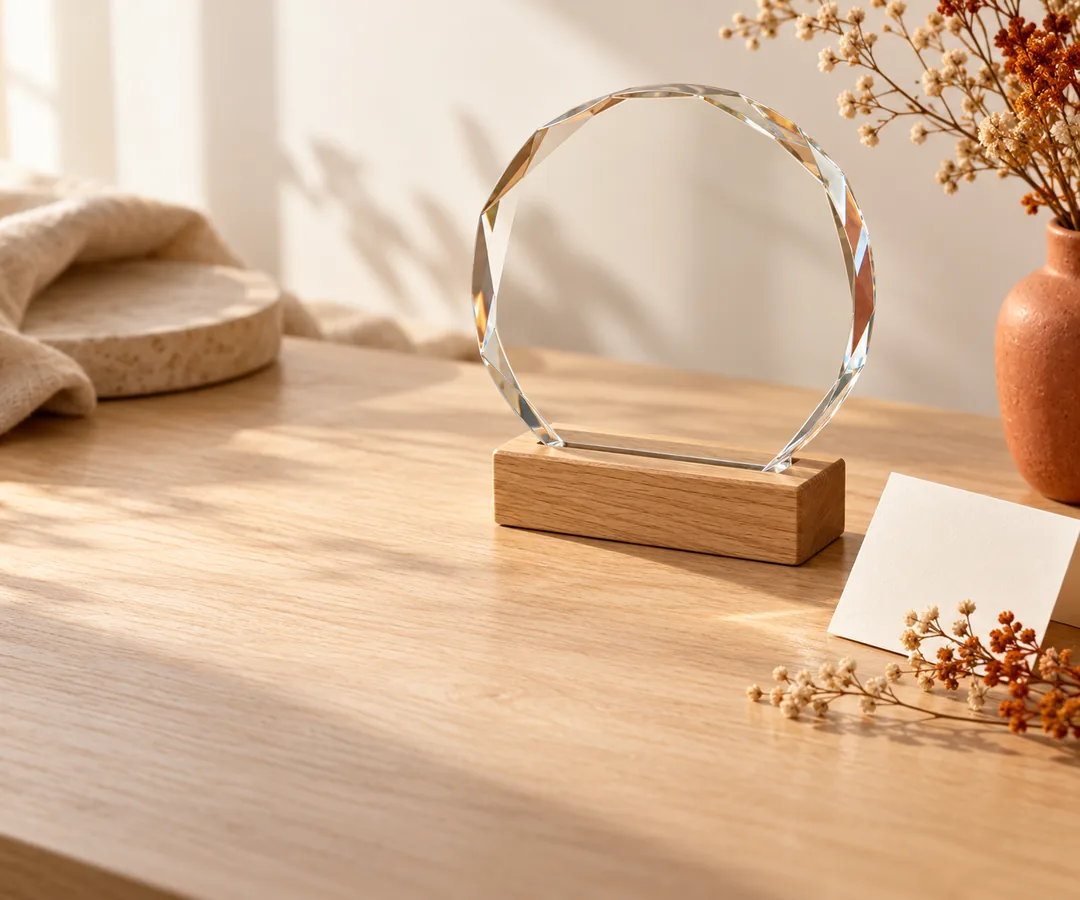 A glass award on a desk