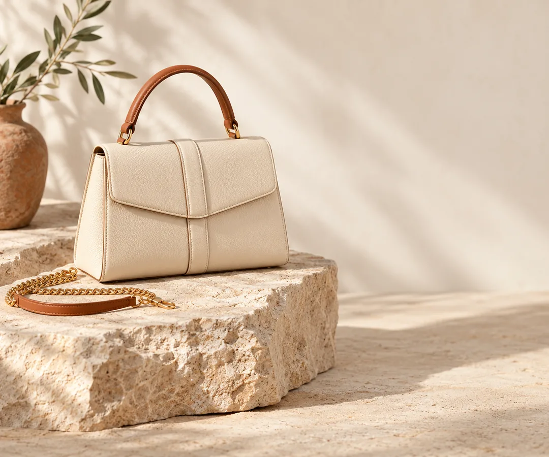 A leather handbag on a stone pedestal