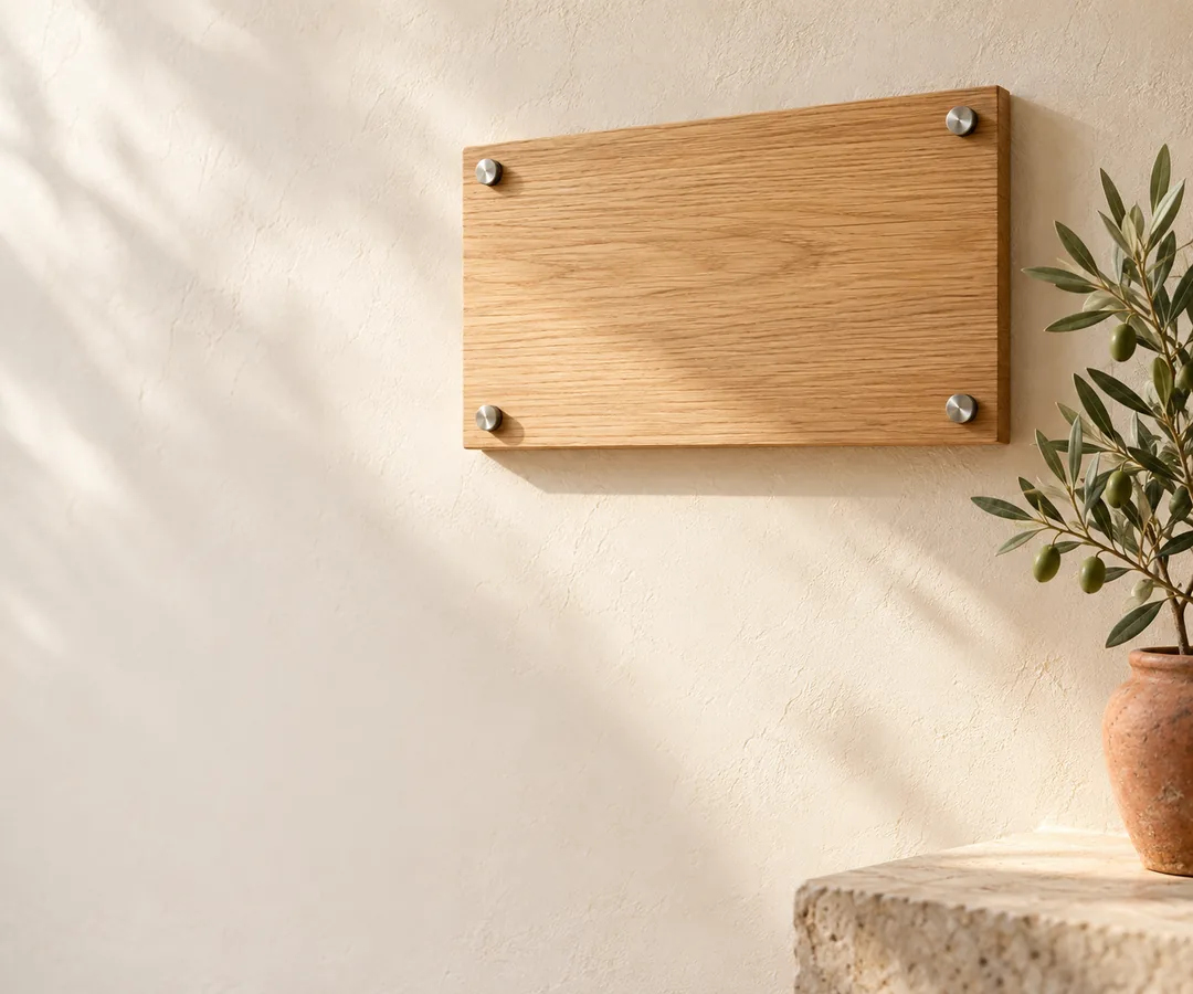 A blank oak wall sign with metal standoffs