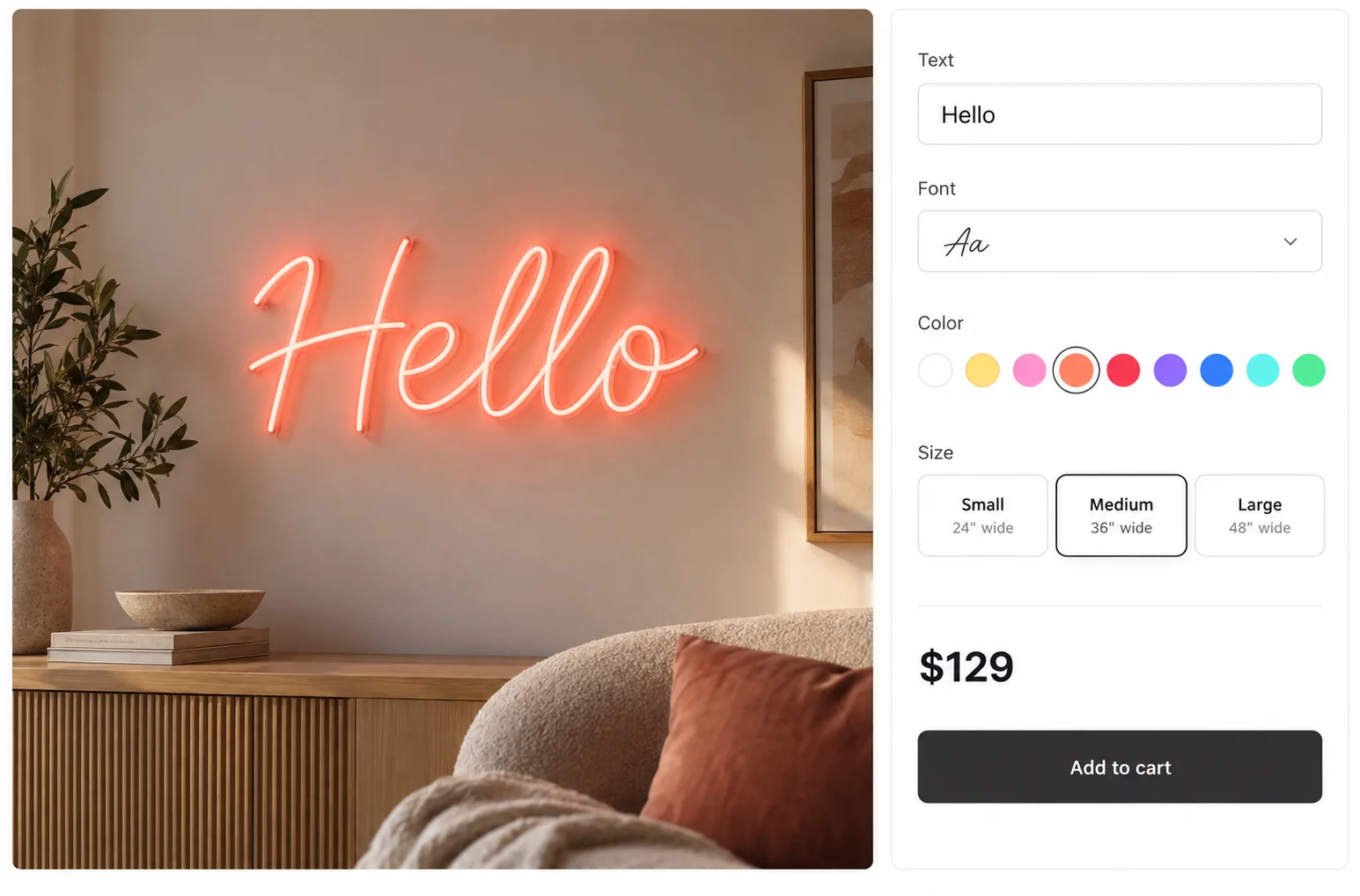 A Loomix product page: a custom neon sign preview with text, font, color and size options and a live price